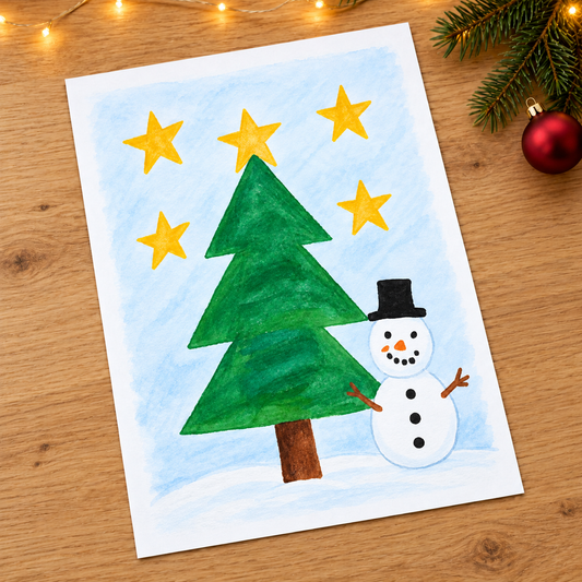 A3 Print showing sample snowman and Christmas tree artwork in a Christmas setting
