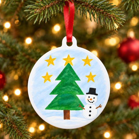 Christmas Bauble showing sample snowman and Christmas tree artwork in a Christmas setting