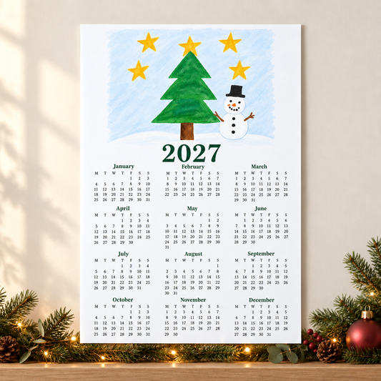 Christmas Calendar showing sample snowman and Christmas tree artwork in a Christmas setting