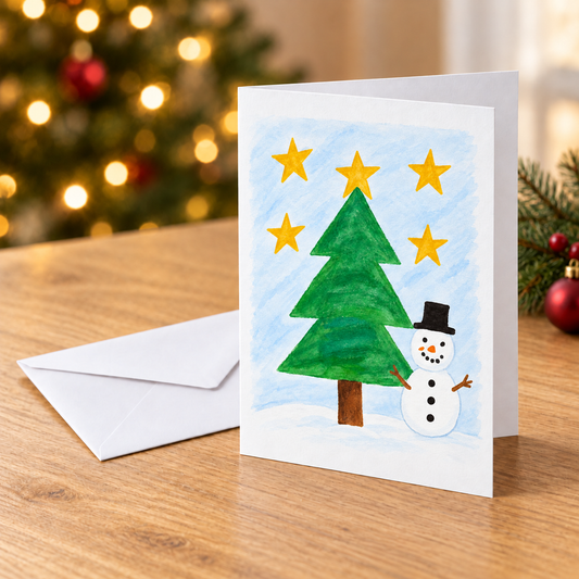 Christmas Cards showing sample snowman and Christmas tree artwork in a Christmas setting