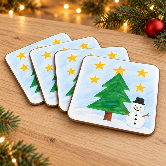 Drinks Coaster showing sample snowman and Christmas tree artwork in a Christmas setting