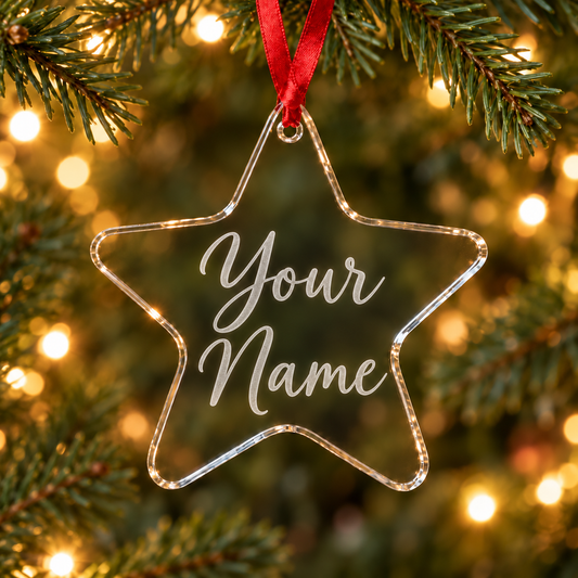 Clear acrylic star bauble with Your Name sample engraving in a Christmas setting